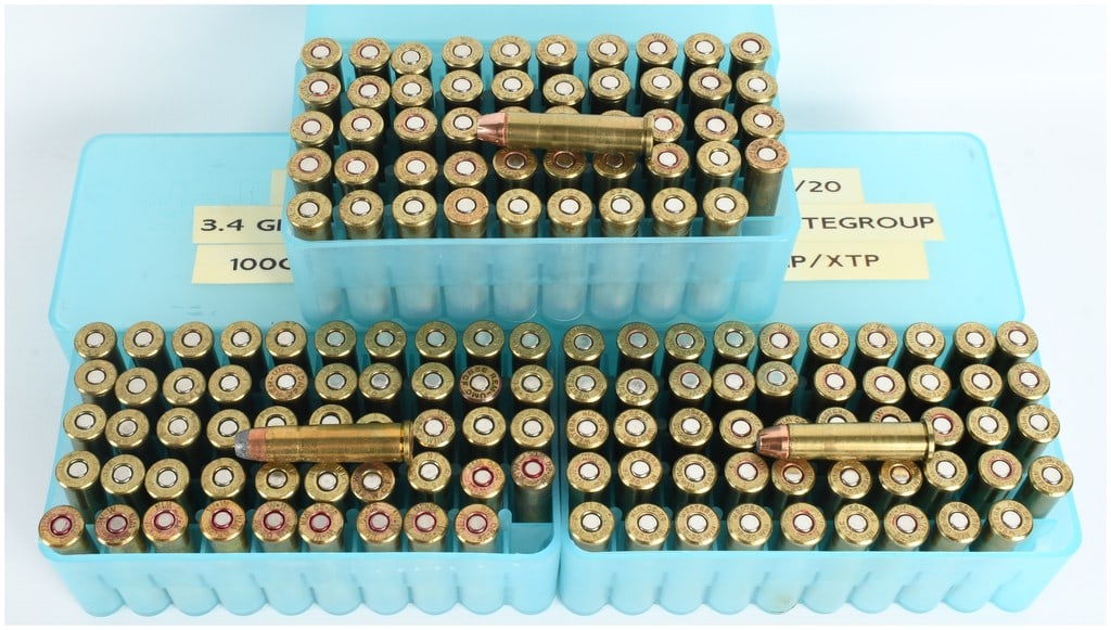 A Lot of 150 Rounds of Remanufactured .32-20 Winchester Ammunition: This lot consists of 150 rounds of remanufactured .32-20 Winchester ammunition, also designated as .32 W.C.F., contained in three blue plastic storage cases. The ammunition is loaded with a variety of