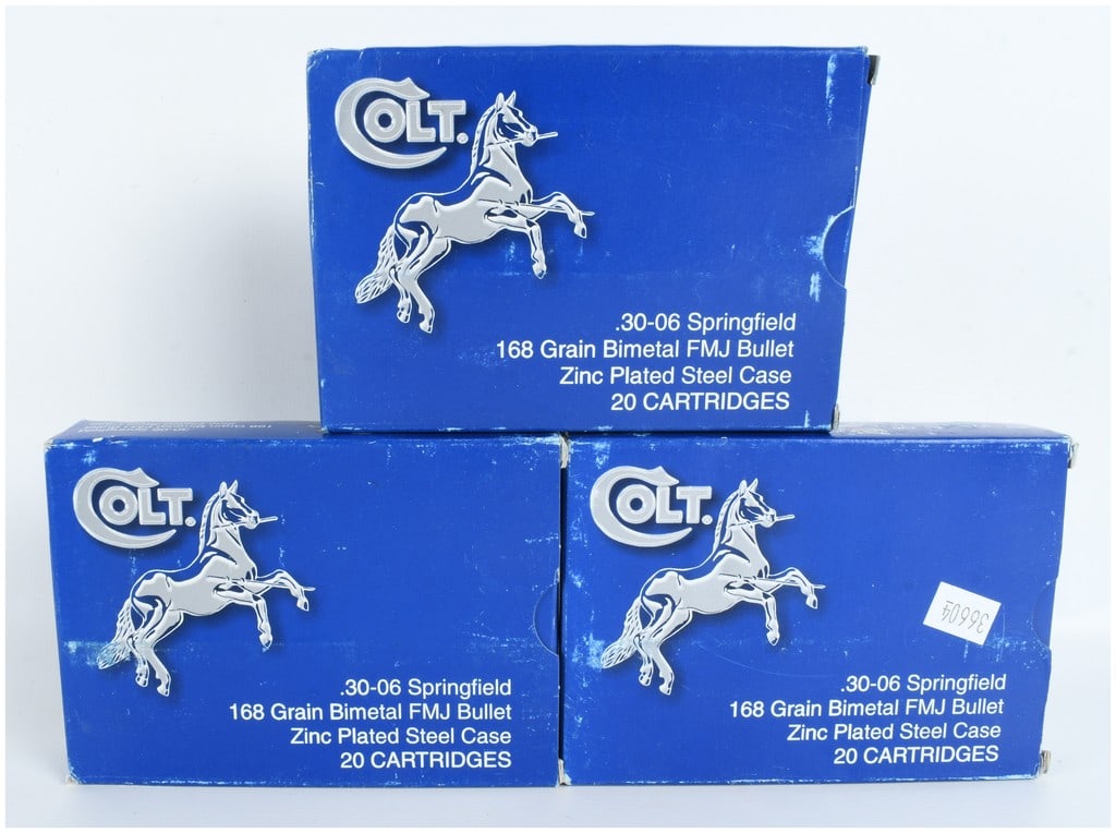 A Lot of 60 Rounds Colt .30-06 Springfield Ammunition: This lot consists of sixty rounds of .30-06 Springfield ammunition marketed under the Colt brand name. The collection comprises three factory boxes, with each individual box containing twenty cartridg