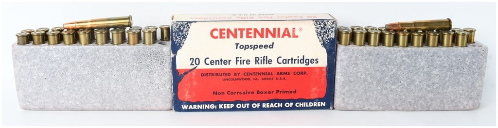 A Lot of 60 Rounds Centennial Arms Corp. Topspeed 7.62x54R Centerfire Rifle Cartridges: This lot features 60 rounds of centerfire rifle ammunition manufactured by Centennial Arms Corp. under the Topspeed brand. Chambered in 7.62x54R, the cartridges consist of bottlenecked, rimmed brass c