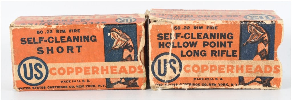 A Lot of 60 Rounds of United States Cartridge Co. US Copperheads .22 Rimfire Ammunition: This lot consists of a total of 60 rounds of vintage .22 caliber rimfire ammunition manufactured by the United States Cartridge Co. of New York, N.Y. The collection contains two separate cardboard box