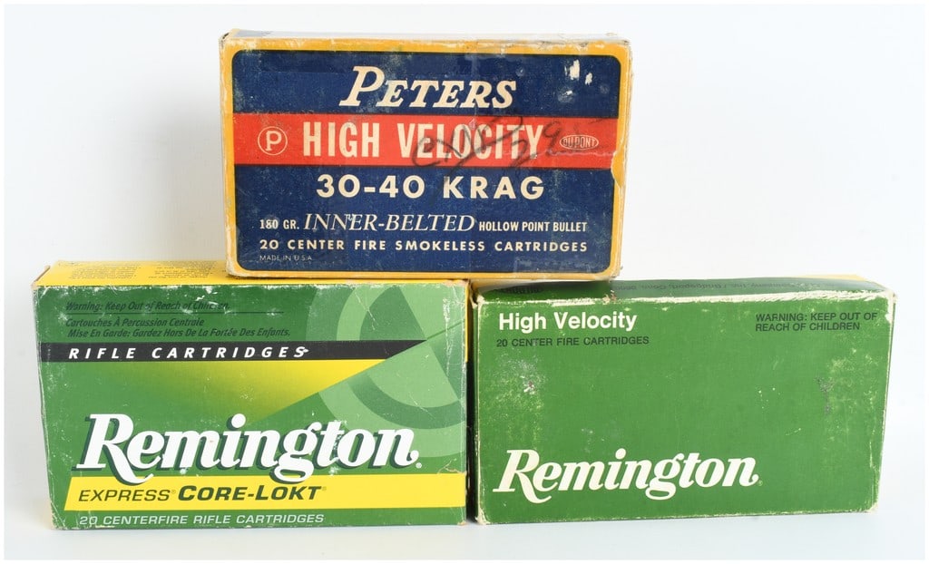 A Lot of 52 Rounds of Peters and Remington .30-40 Krag Ammunition: This lot consists of a total of 52 rounds of vintage .30-40 Krag centerfire rifle ammunition in three original retail boxes. The first is a blue and yellow Peters High Velocity box, number 3045, conta
