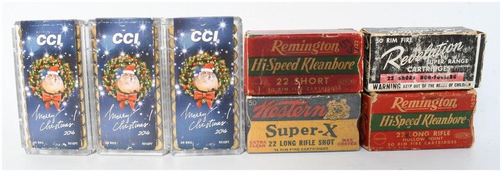 A Lot of 242 Rounds of .22 LR and .22 Short Ammunition: This lot comprises a total of 242 rounds of .22 LR and .22 short ammunition across seven individual containers of varying fullness. The collection includes three 50-round clear plastic boxes of CCI .2