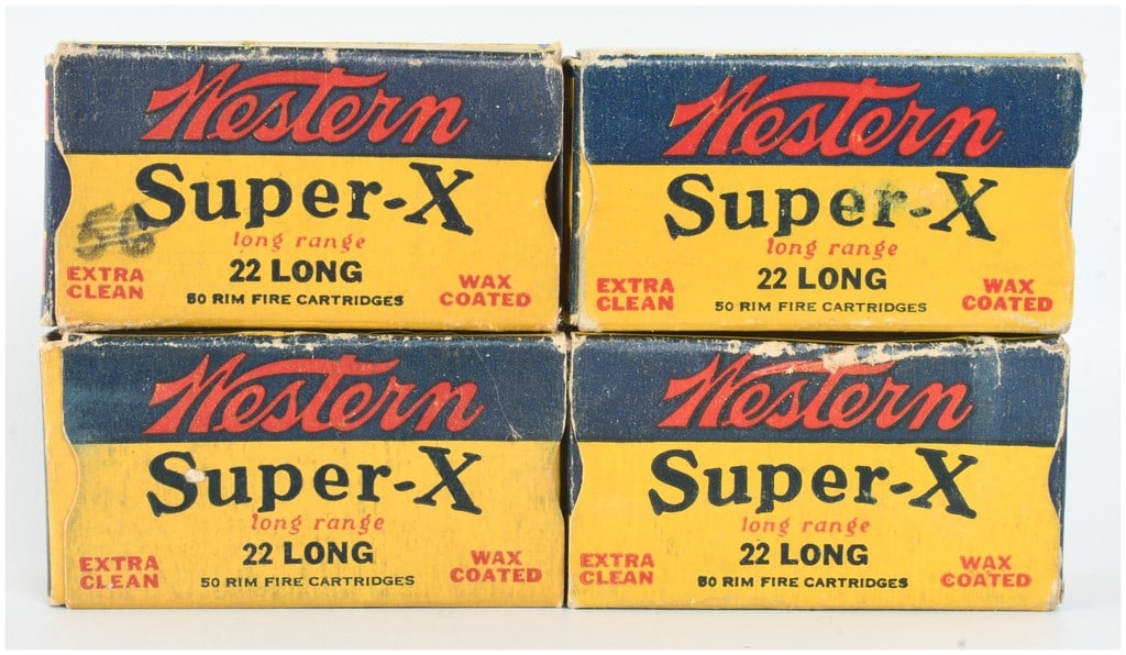 A Lot of 200 Rounds of Western Super-X Long Range .22 Long Ammunition: This lot consists of 200 rounds of rimfire ammunition contained in four original 50-count two-piece cardboard boxes. The cartridges are chambered in .22 Long and feature silver-toned cases paired with