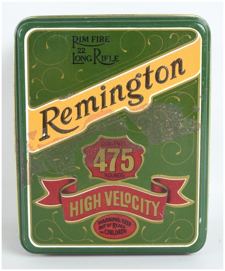 Remington High Velocity Kleanbore Rimfire Ammunition .22 Long Rifle Tin of 475 Rounds: A Remington brand ammunition tin containing 475 rounds of .22 Long Rifle rimfire cartridges. The rectangular metal container is finished in green and features a yellow banner on the lid with the name 