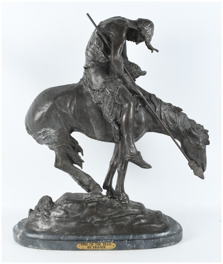 James Earle Fraser, End of the Trail, Bronze Sculpture: James Earle Fraser (1876-1953), End of the Trail. This cast bronze sculpture is finished with a dark brown patina and depicts a slumped Native American warrior seated atop an exhausted horse. The figu