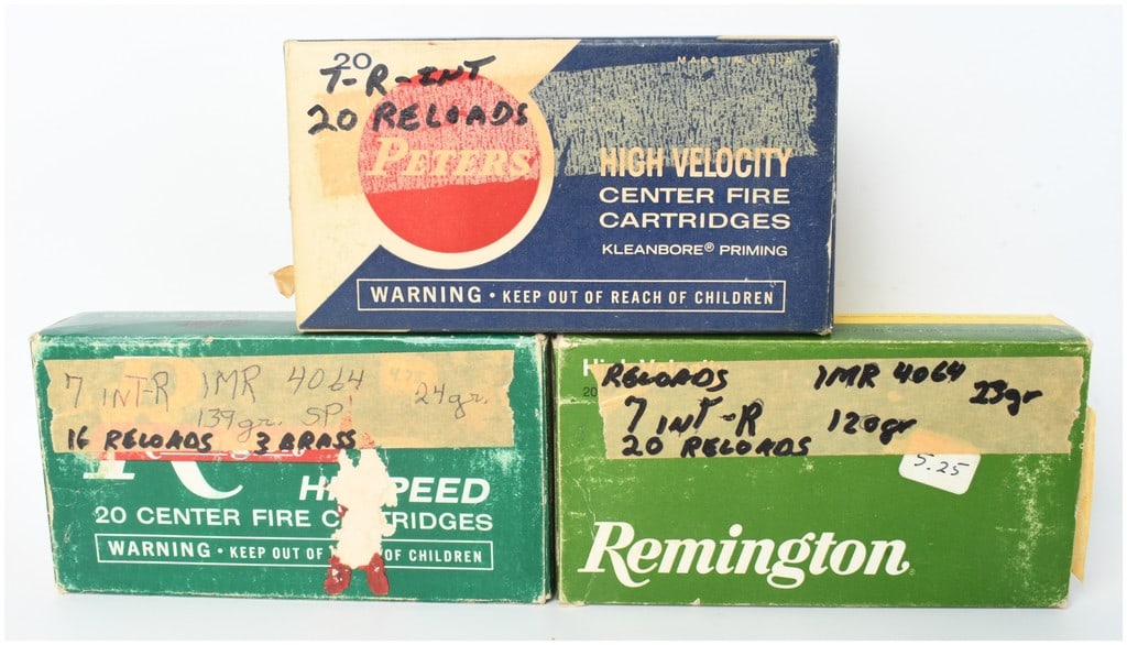 A Lot of 56 Rounds of 7mm International Rimmed Centerfire Ammunition: This lot consists of 56 rounds of handloaded 7mm International Rimmed (7mm INT-R) centerfire ammunition, a specialized wildcat caliber historically utilized for metallic silhouette competition. The co