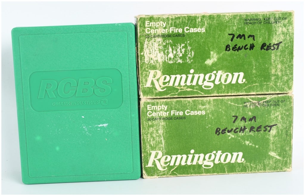 RCBS 7mm Bench Rest Remington Full Length Die Set with 40 Rounds of Ammunition: This lot features a reloading equipment set and ammunition for the 7mm Bench Rest Remington caliber. The primary component is an RCBS full-length two-die set, part number 34101, designed for precision