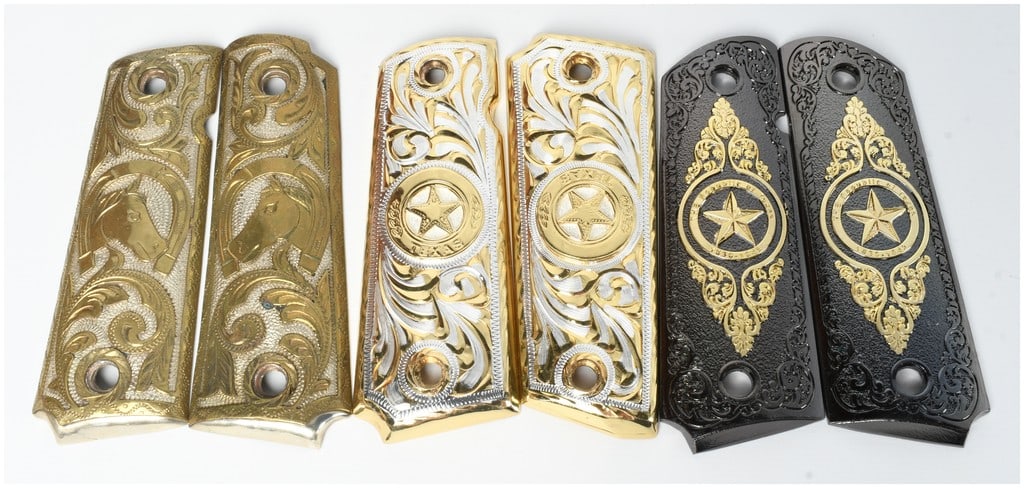 Three Pairs of Custom Full-Size 1911 Pistol Grips including Sterling Silver and Gold-Plated Examples (1 of 7)