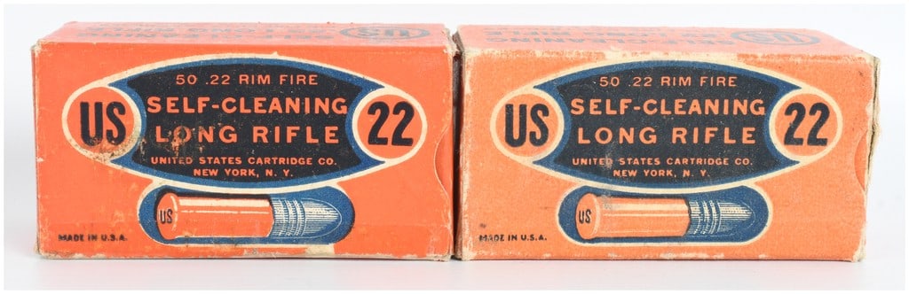 A Lot of 91 Rounds of United States Cartridge Co. Self-Cleaning .22 Long Rifle Ammunition: This lot consists of 91 rounds of vintage .22 Long Rifle rimfire ammunition manufactured by the United States Cartridge Co. of New York. The cartridges feature copper-colored casings and lead round-no