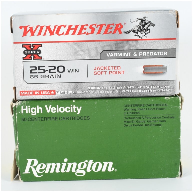 Winchester and Remington .25-20 Winchester Centerfire Ammunition Lot of 70: This lot consists of 70 rounds of .25-20 Winchester centerfire rifle ammunition manufactured by Winchester and Remington. The collection includes 49 cartridges from the Winchester Super X line, which 