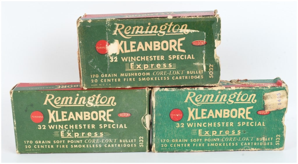 A Lot of 60 Remington Kleanbore Express .32 Winchester Special Cartridges and Casings: This lot consists of three vintage boxes of Remington Kleanbore Express .32 Winchester Special ammunition, featuring a combined total of 17 live rounds and 43 empty brass casings. The collection inclu
