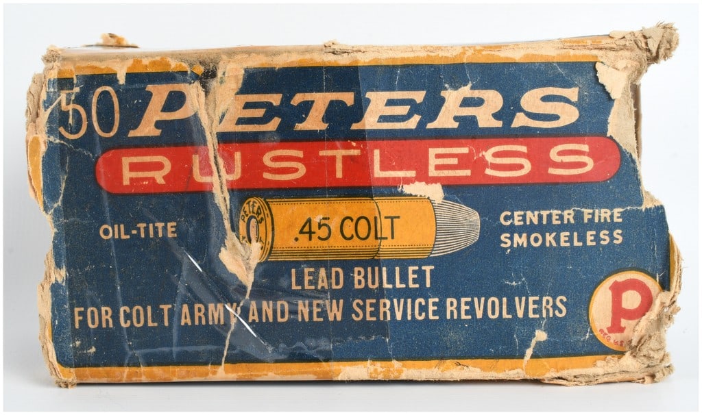 Peters Rustless Ammunition .45 Colt 40 Rounds: A lot of 40 rounds of Peters Rustless center fire smokeless ammunition chambered in .45 Colt featuring lead bullets and brass cases. This collection consists of 40 individual cartridges, each featurin
