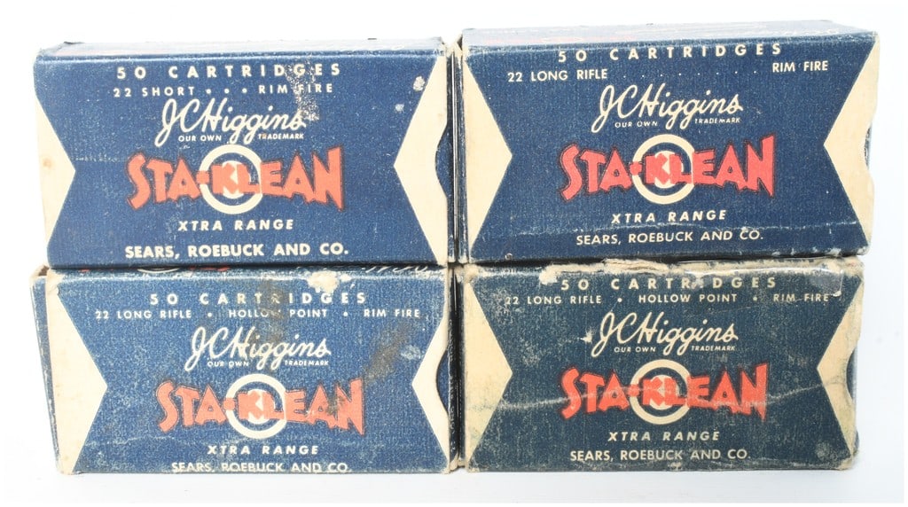 A Lot of 165 Rounds of J.C. Higgins Sta-Klean Xtra Range Ammunition .22 Caliber Rimfire: This lot consists of 165 Rounds of vintage rimfire ammunition marketed by Sears, Roebuck and Co. under the J.C. Higgins brand name. The collection is housed in four original blue and cream cardboard b