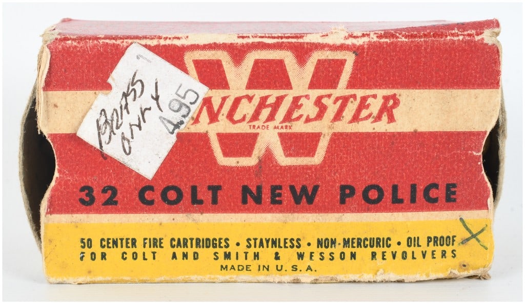 A Lot of 50 Winchester 32 Colt New Police Empty Brass Casings: This lot features a 50 count of empty .32 Colt brass casings contained in a vintage Winchester ammunition box. The brass casings are once-fired components with struck primers and exhibit various heads