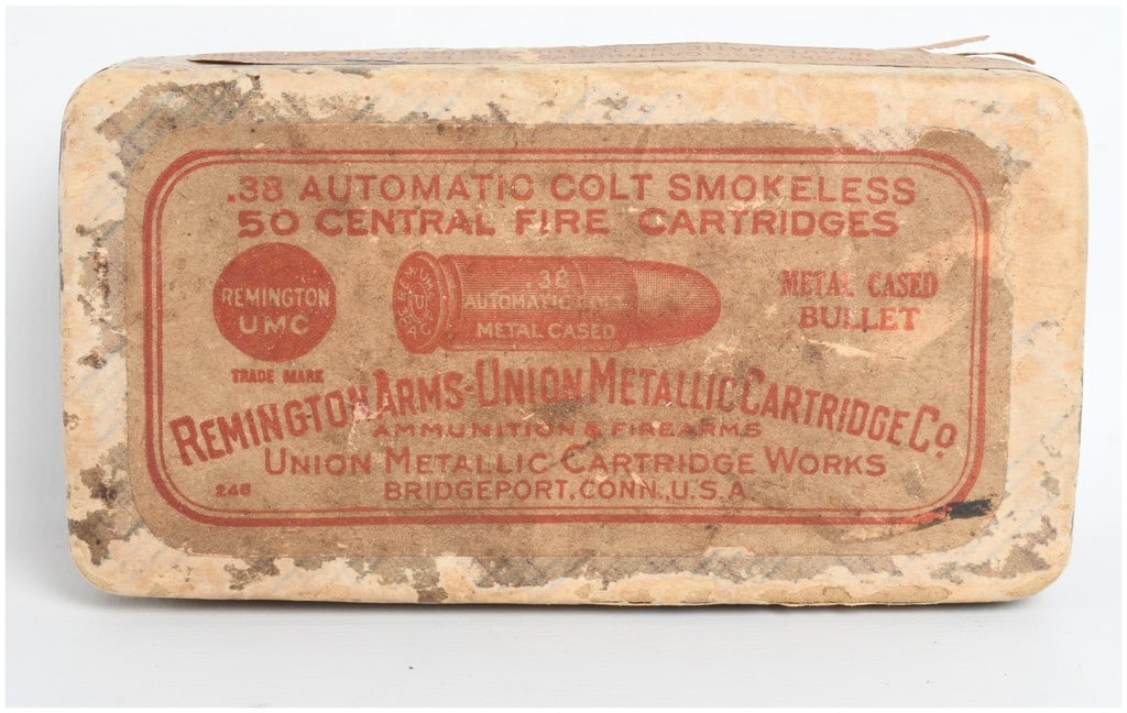 Remington Arms-Union Metallic Cartridge Co. .38 Automatic Colt Ammunition 50 Rounds: This lot consists of a collectible two-piece cardboard box of 50 rounds of .38 Automatic Colt smokeless ammunition manufactured by the Remington Arms-Union Metallic Cartridge Co. in Bridgeport, Connec