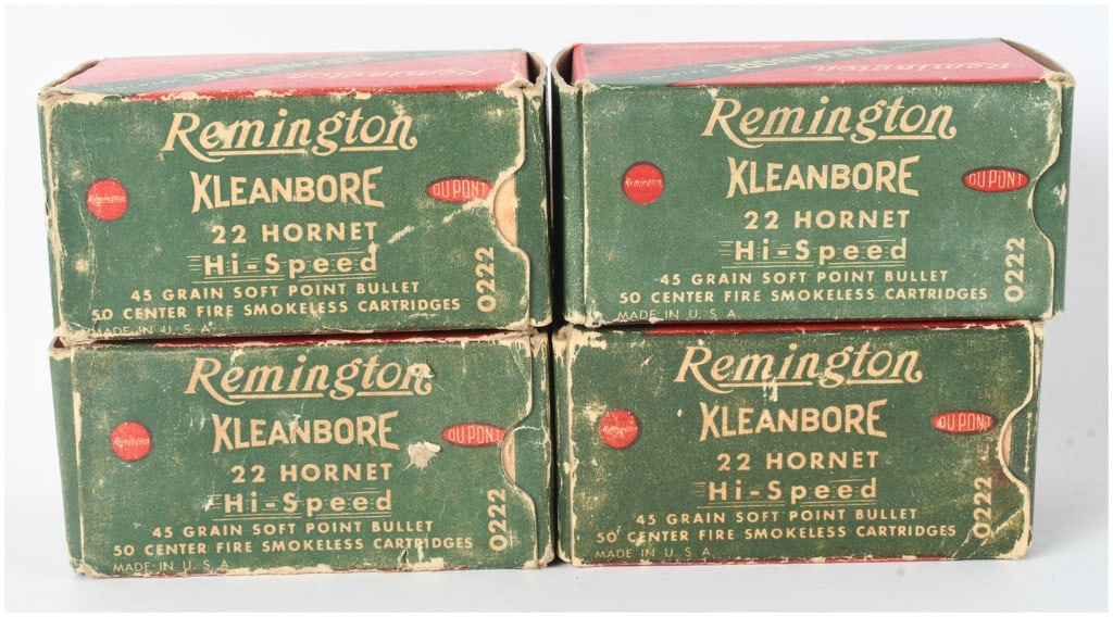 A Lot of 200 Rounds Remington Kleanbore Hi-Speed Ammunition .22 Hornet: This lot consists of 200 rounds of Remington Kleanbore .22 Hornet ammunition, divided among four original green and red cardboard boxes. Each box is marked with index number 0222 and contains Hi-Speed