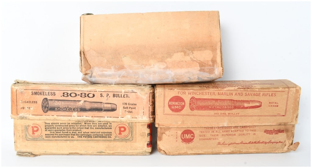 A Lot of 43 Rounds of Remington-UMC and Peters Rifle Ammunition .30-30 and .38-55: This lot comprises a group of 43 rounds of vintage rifle ammunition presented in three original period boxes. The collection features a partial box from The Peters Cartridge Co. for .30-30 Smokeless c