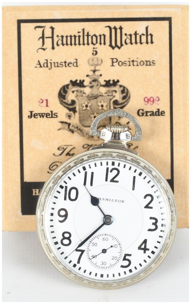 Hamilton Grade 992 21 Jewel Railroad Pocket Watch with Original Box: One Hamilton Watch Company Grade 992 open-face railroad grade pocket watch accompanied by its original cardboard retail box. The watch features a white dial with bold black Arabic numeral hour markers
