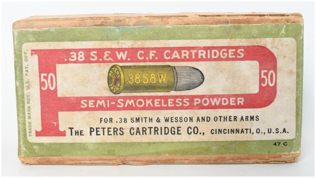 A Lot of 45 Peters Cartridge Co. No. 3821 Semi-Smokeless .38 Smith & Wesson Cartridges: This lot consists of 45 rounds of .38 Smith & Wesson (.38 S.& W.) centerfire cartridges manufactured by The Peters Cartridge Co. The ammunition is loaded with King?s Semi-Smokeless powder, as specifie