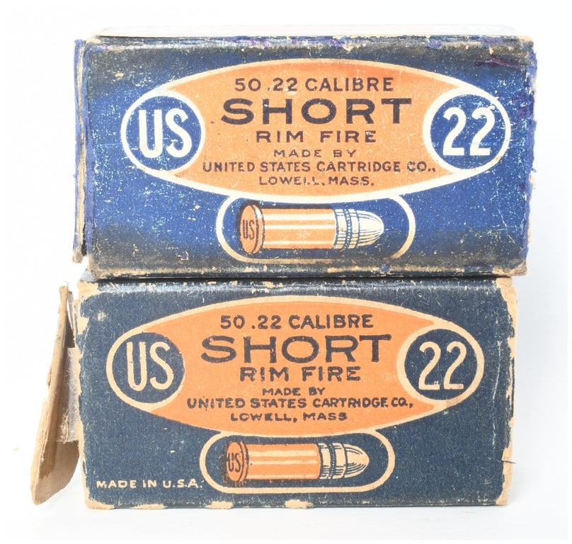 A Lot of 100 United States Cartridge Company .22 Short Rimfire Ammunition Rounds: A lot of 100 rounds of .22 caliber short rimfire ammunition manufactured by the United States Cartridge Company. The lot is comprised of two original two-piece cardboard boxes. The cartridges feature 