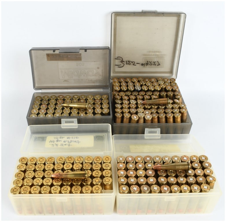 A Collection of 227 Rounds of Remington-Peters .22 Remington Jet Remanufactured Ammunition: This lot consists of a collection of 227 rounds of remanufactured centerfire ammunition primarily chambered in .22 Remington Jet. The cartridges are organized into four plastic storage cases, comprisi
