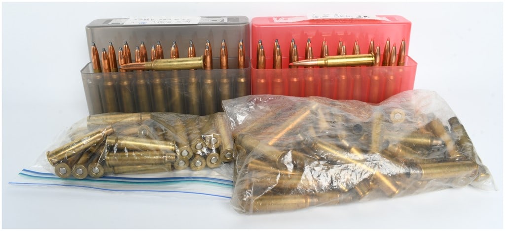 A Lot of 40 Rounds of 6.5mm BRM Ammunition and 84 Empty Brass Casings: This lot includes 40 live rounds of 6.5mm BRM ammunition and 84 empty brass casings for the Ballistics Research Management wildcat caliber. The 6.5mm BRM is typically formed from .30-30 Winchester par