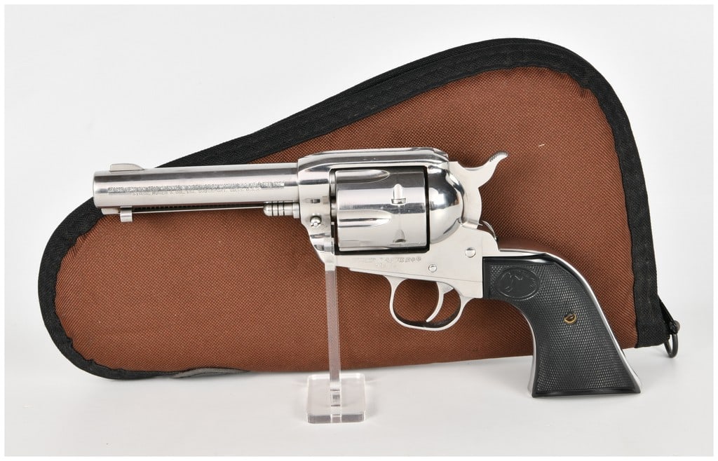 Ruger Vaquero Single Action Revolver .45 Caliber with 4.625 Inch Barrel: This Ruger Vaquero is a single-action revolver chambered in .45 caliber, designed for enthusiasts of traditional Western-style handguns. The firearm features a 4.625-inch barrel and is constructed wit