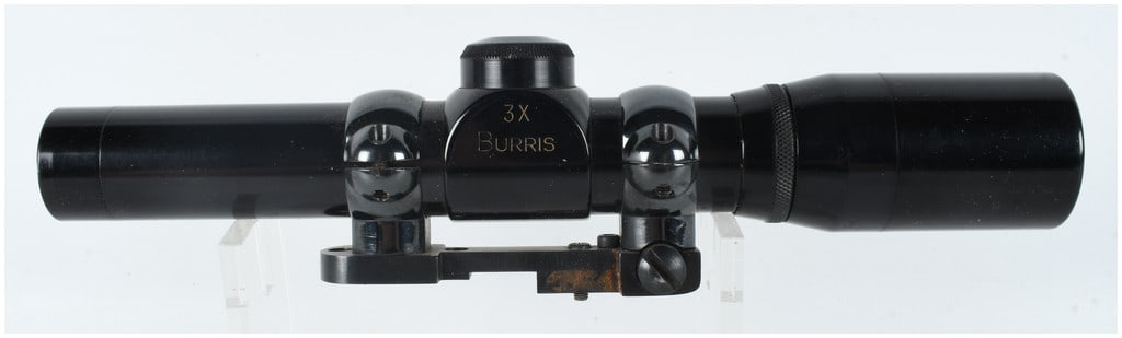Burris 3x Handgun Scope with Burris Mounting Base: A Burris fixed 3x power handgun scope featuring a gloss black finish. The turret housing is marked with gold-toned lettering reading 3X over BURRIS. A serial number, 036045, is stamped into the unders