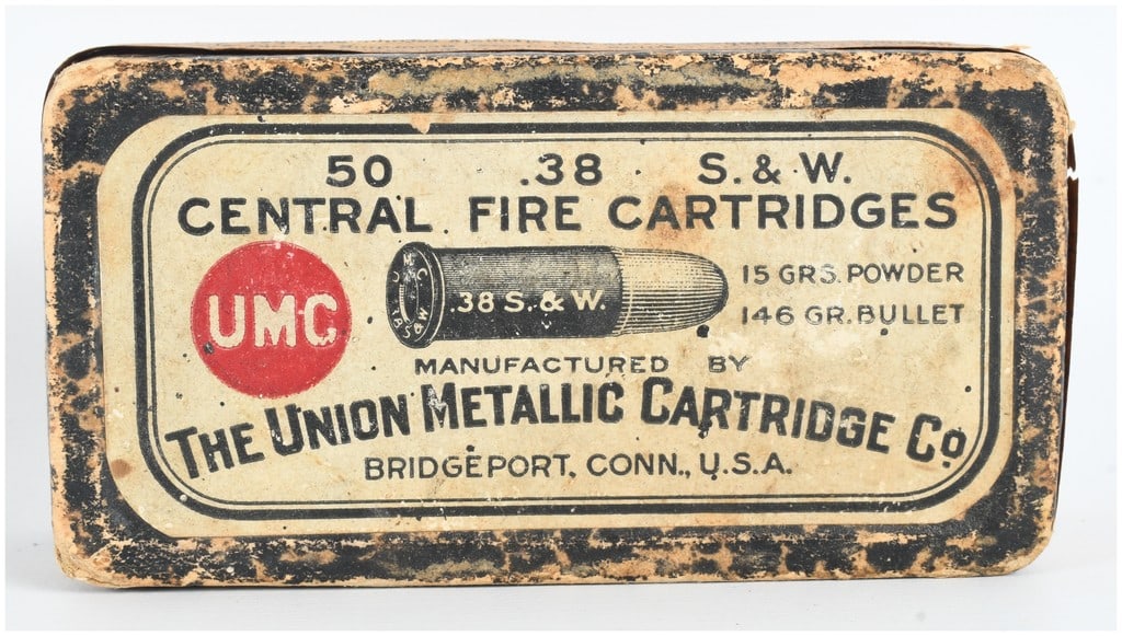 A Lot of 50 The Union Metallic Cartridge Co. .38 S&W Central Fire Cartridges: This lot consists of 50 central fire cartridges in .38 S&W caliber manufactured by The Union Metallic Cartridge Co. of Bridgeport, Connecticut. The rounds are packaged in a vintage two-piece cardboard
