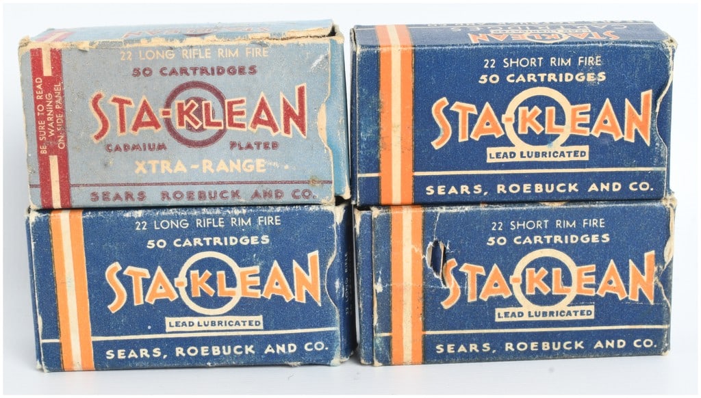 A Lot of 179 Rounds of Sears, Roebuck and Co. Sta-Klean .22 Long Rifle and .22 Short Ammunition: This lot consists of a collection of 179 rounds of .22 caliber rimfire ammunition marketed by Sears, Roebuck and Co. under the Sta-Klean brand. The ammunition is housed in four original cardboard boxe