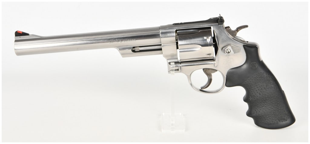 Smith & Wesson Model 629-5 Double Action Revolver .44 Magnum with 8-3/8 Inch Barrel: This is a Smith & Wesson Model 629-5 double action revolver chambered in .44 Magnum. Built on the stainless steel N-frame, the firearm features an 8-3/8 inch barrel with a pinned front ramp sight cont