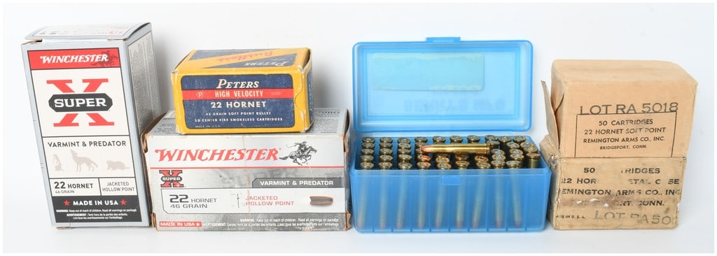A Lot of 263 Rounds of Mixed .22 Hornet Centerfire Ammunition: This lot features a collection of 263 rounds of .22 Hornet centerfire ammunition from several prominent manufacturers including Winchester, Peters, and Remington. The assortment contains two boxes of 