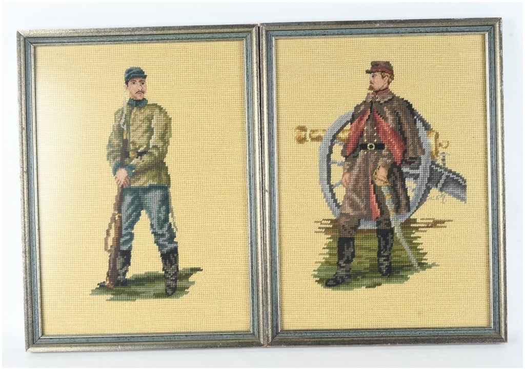 A Pair of Framed Needlepoint Panels Depicting Civil War Soldiers: A pair of vintage needlepoint panels depicting figures in American Civil War-style military uniforms, executed with multicolored threads on a woven textile support. One panel illustrates an infantryma