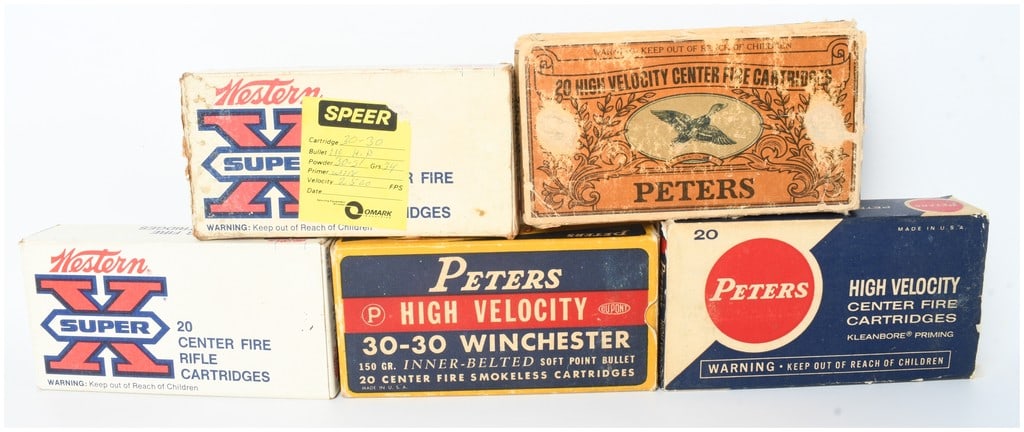 Western and Peters .30-30 Winchester Centerfire Rifle Ammunition Lot of 75 Rounds and 20 Empty Brass: This lot comprises a collection of 75 rounds of .30-30 Winchester centerfire rifle ammunition along with 20 empty brass casings, presented in five vintage factory boxes from Western and Peters. The as