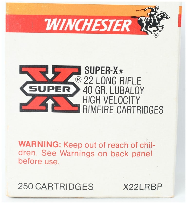 Winchester Super-X 22 Long Rifle Rimfire Ammunition 250 Rounds: This lot consists of a bulk package containing 250 rounds of Winchester Super-X 22 Long Rifle ammunition. These high-velocity rimfire cartridges feature 40-grain Lubaloy-coated lead round-nose bullets