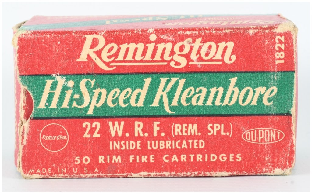 A Lot of 50 Rounds Remington Hi-Speed Kleanbore Rimfire Ammunition .22 W.R.F.: A lot of 50 rounds of .22 W.R.F. (Remington Special) rimfire ammunition manufactured by the Remington Arms Company, Inc. These Hi-Speed Kleanbore cartridges are equipped with lead round nose bullets a