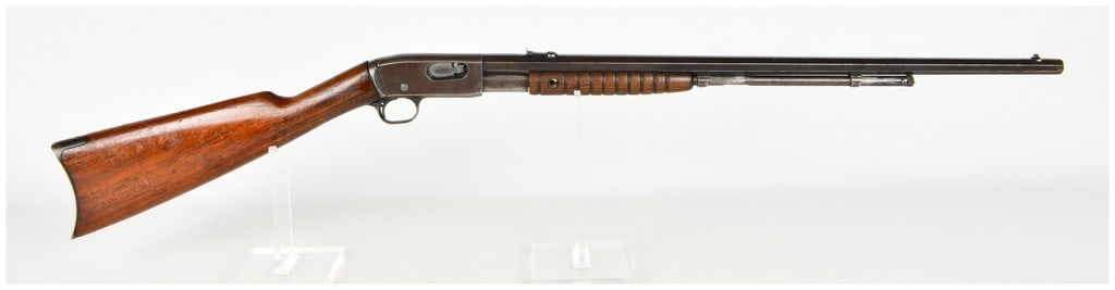 Remington Model 12 Pump Action Rifle .22 Short, Long, or Long Rifle with 24 Inch Octagonal Barrel: This is a Remington Model 12 pump-action takedown rifle chambered for .22 Short, Long, or Long Rifle cartridges, originally designed by J.D. Pedersen as a sleek and reliable sporting arm. The rifle fe