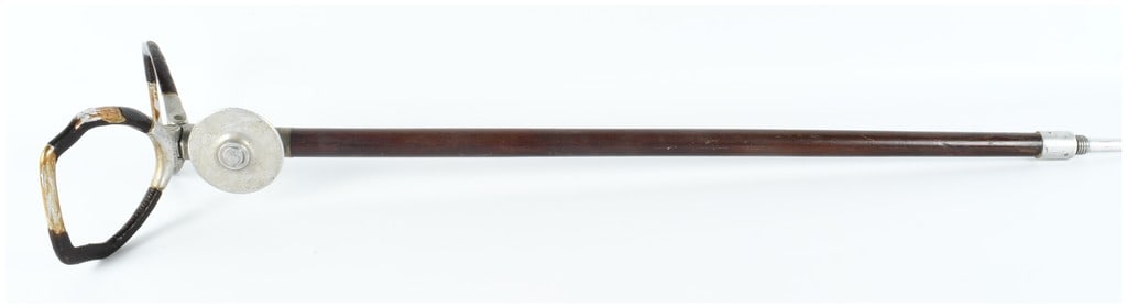 Vintage N.B. Drake Wooden and Aluminum Camera Steady Monopod: This vintage camera stabilization tool is constructed with a dark-stained wooden shaft and aluminum-colored metal hardware. One end is fitted with a threaded mount for camera attachment, accompanied b