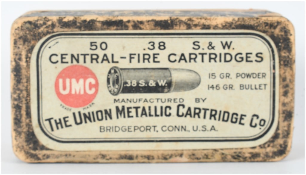 The Union Metallic Cartridge Co. .38 S. & W. Black Powder Ammunition 50 Rounds Antique: This lot consists of a two-piece cardboard box containing 50 rounds of .38 S. & W. caliber centerfire ammunition manufactured by The Union Metallic Cartridge Co. of Bridgeport, Connecticut. These anti