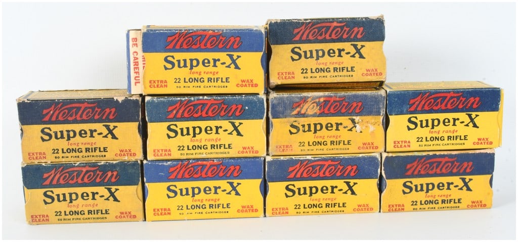 Western Super-X Rimfire Ammunition .22 Long Rifle 500 Rounds: A lot of vintage Western Super-X .22 Long Rifle rimfire ammunition totaling 500 rounds, housed in ten individual 50-round cardboard boxes. These cartridges are designed for long range use and feature 