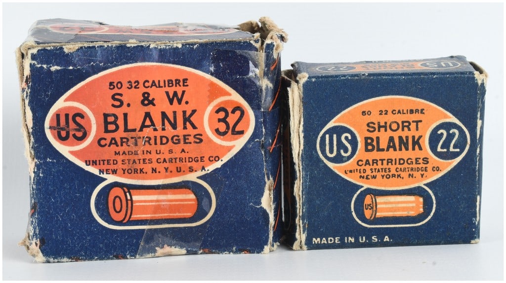 United States Cartridge Co. Blank Cartridges .32 S&W and .22 Short A Lot of 98 Rounds: This lot consists of 98 rounds of vintage blank ammunition manufactured by the United States Cartridge Co. of New York, New York. The collection is housed in two original cardboard boxes, one for .32 