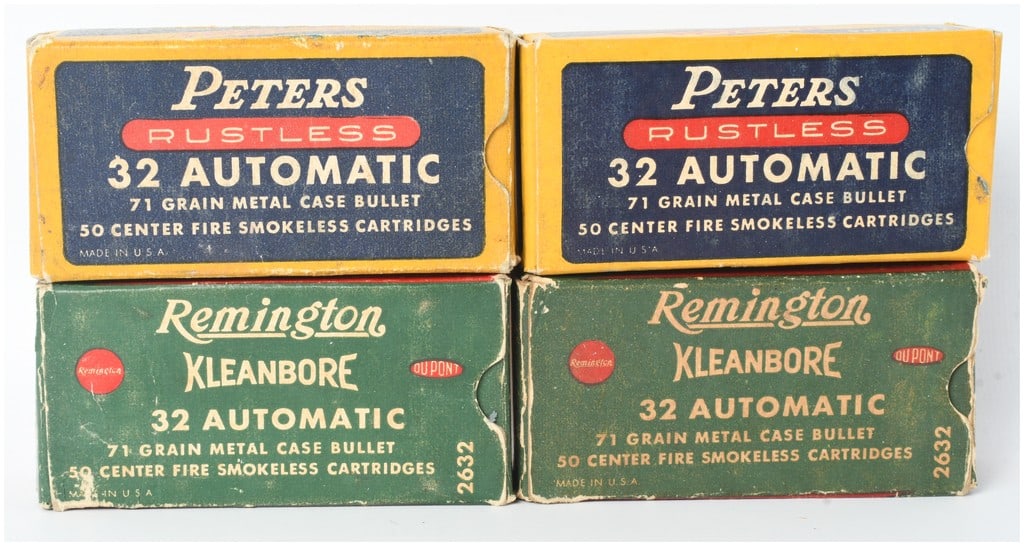 A Lot of 177 Rounds of Remington and Peters .32 Automatic Ammunition: This lot consists of a total of 177 rounds of .32 Automatic (ACP) ammunition housed in four vintage factory boxes. The collection includes two Peters Rustless yellow and blue boxes and two Remington K