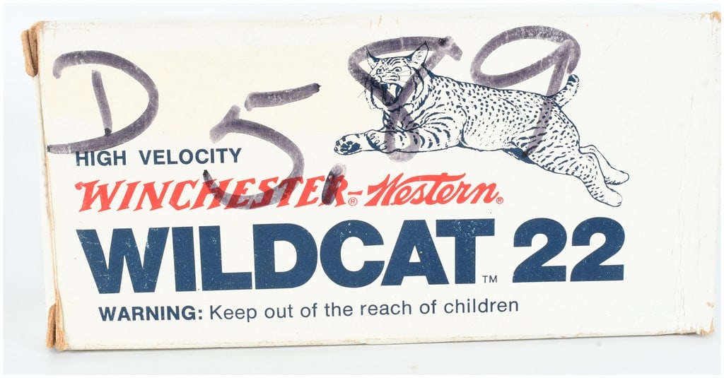 A Lot of 350 Rounds Winchester Wildcat 22 High Velocity .22 Long Rifle Ammunition: This lot consists of 350 rounds of Winchester Wildcat 22 high velocity .22 Long Rifle ammunition, traditionally packaged in boxes of 50 rounds each. These cartridges are configured with brass casings 