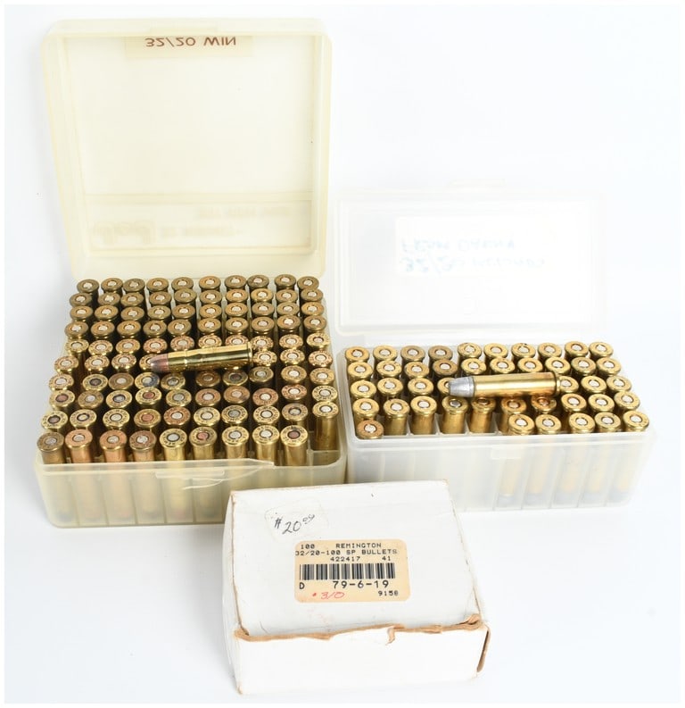 A Lot of 147 Rounds of .32-20 Winchester Ammunition and Approximately 50 Bullet Tips: This lot consists of 147 rounds of .32-20 Winchester (.32-20 W.C.F.) ammunition along with approximately 50 loose bullet tips. The ammunition is contained in two plastic storage cases. The first case 