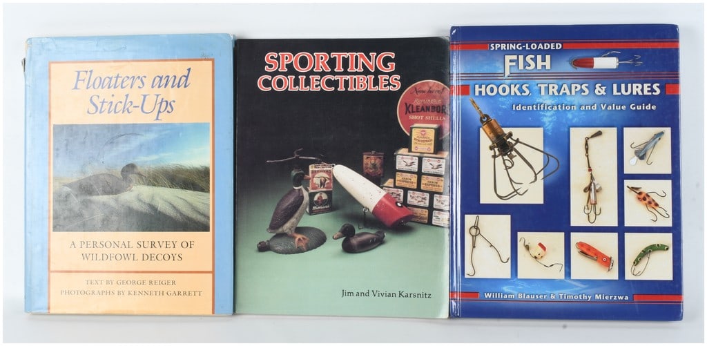 Reiger, G., et al. Three Hardcover Volumes on Sporting Antiques. Various Publishers, 1986-1995. (DJ): This lot comprises a collection of three hardcover books focused on American sporting antiques, specifically wildfowl decoys and vintage fishing equipment. The first volume is Floaters and Stick-Ups: 