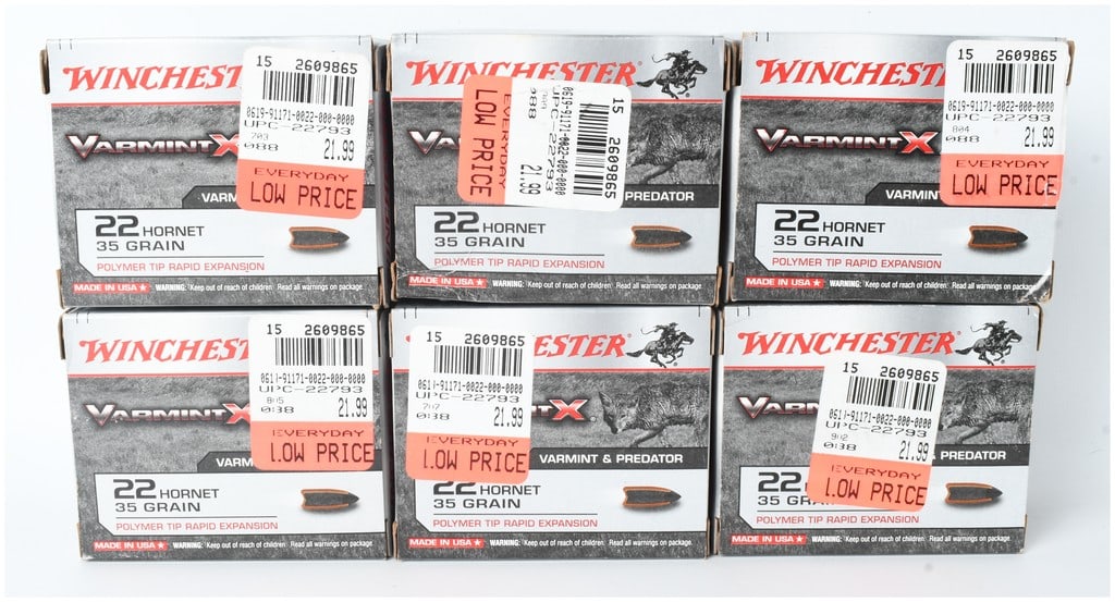 A Lot of 120 Rounds of Winchester Varmint X Ammunition .22 Hornet: This lot features 120 rounds of Winchester Varmint X ammunition chambered in .22 Hornet. Each cartridge is equipped with a 35 grain polymer-tipped projectile designed for rapid expansion, making it a 
