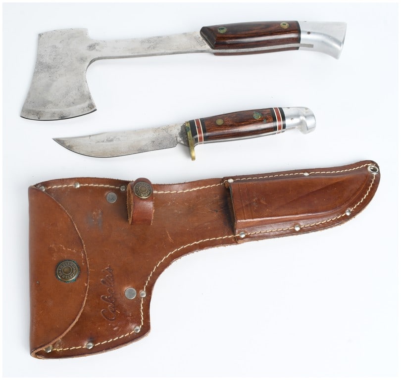 Western W66 and W10 Fixed Blade Knife and Hatchet Set with Cabela's Leather Sheath: This vintage outdoor cutlery set is a functional combination of a Western W10 hatchet and a W66 fixed-blade hunting knife, designed as a matched field set. The hatchet features a full tang high-carbon