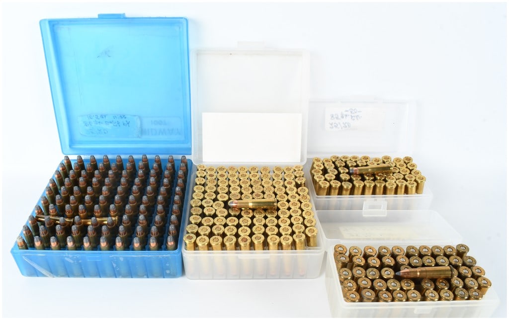 A Lot of 300 Rounds of Remanufactured .25-20 Winchester Ammunition: This lot consists of 300 rounds of remanufactured .25-20 Winchester ammunition, commonly referred to as reman, presented in four plastic storage cases. The collection features a variety of projectile 