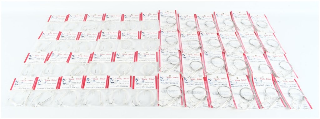 A Collection of 48 Wally Whale Brand Halibut Fishing Leaders: A group of forty-eight salt water fishing hooks and leaders manufactured by Zak Tackle Mfg. Co. of Tacoma, Washington, under the brand name Wally Whale. The collection consists of two distinct varieti