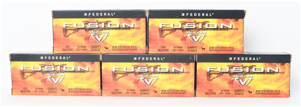A Lot of 100 Rounds of Federal Fusion .224 Valkyrie Ammunition: This lot consists of 100 rounds of Federal Fusion .224 Valkyrie centerfire rifle ammunition, contained within five factory boxes of 20 rounds each. These cartridges are loaded with 90-grain soft point